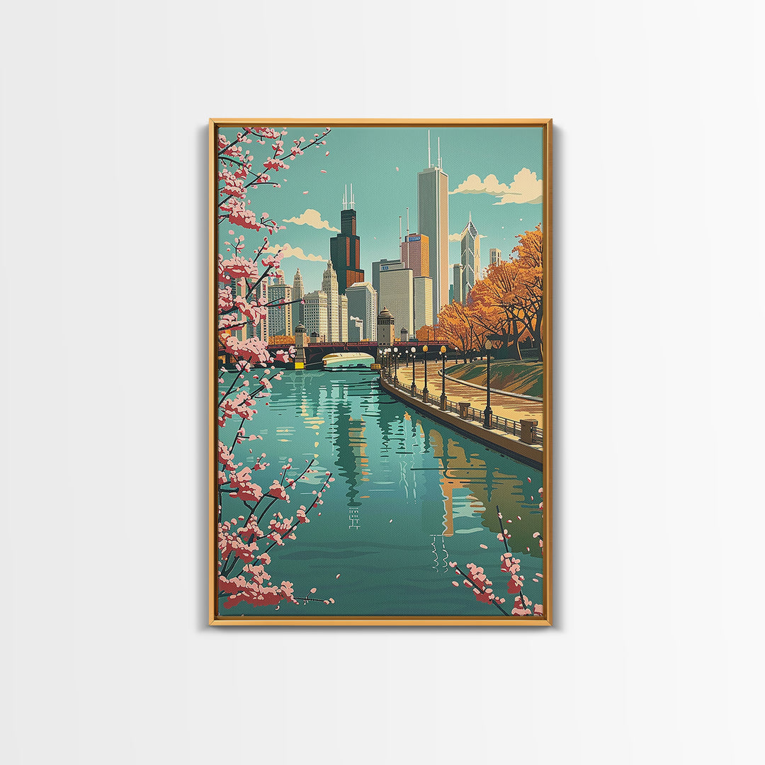 Chicago Travel Poster, Framed Canvas Print, City Art Print, Travel Wall Art, Travel Posters, Vintage Poster, Travel Prints, Wall Art