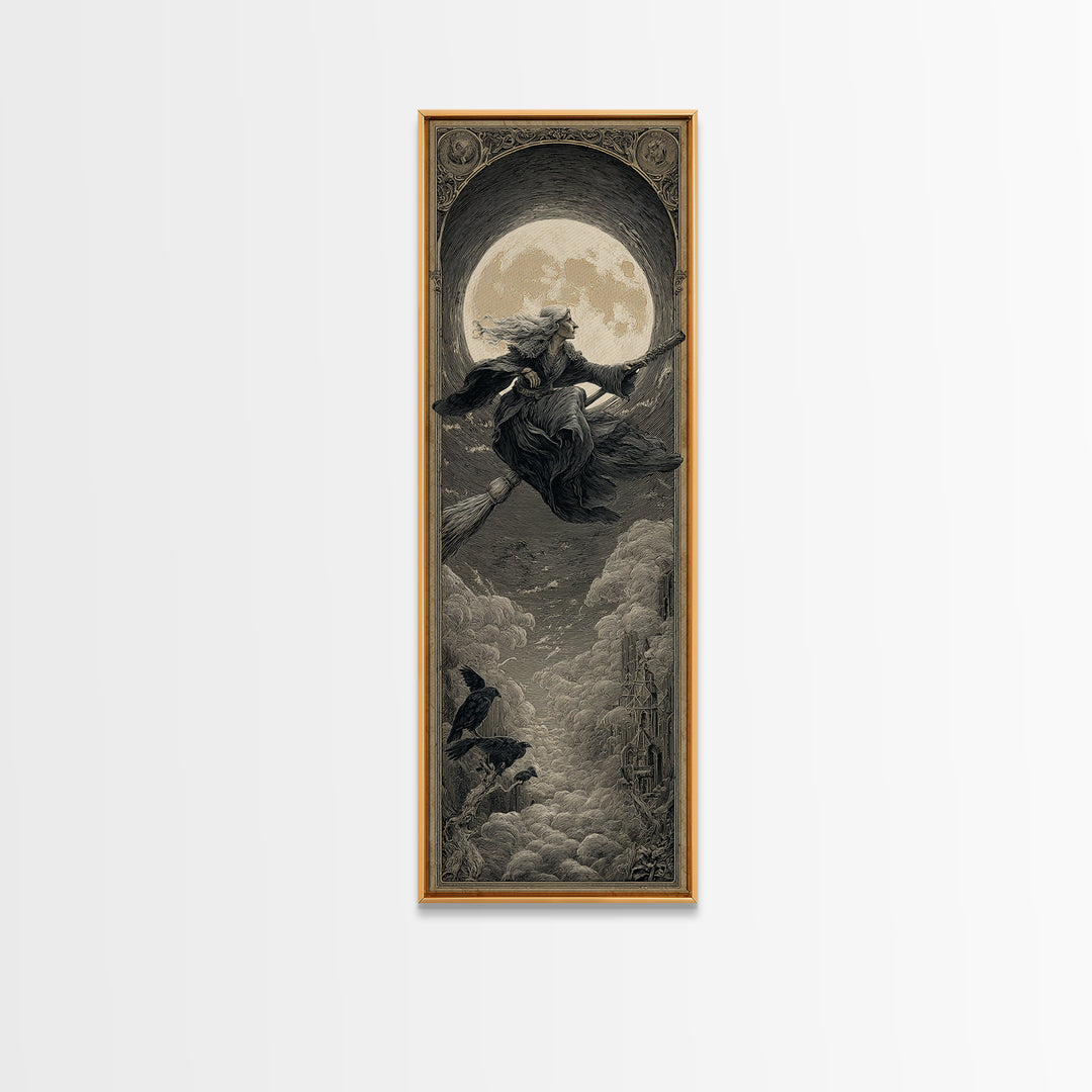 The Moonlit Witch, Gothic Engraving Art, Tall Narrow Wall Art, Dark Halloween Decor, Canvas Print, Halloween Wall Art
