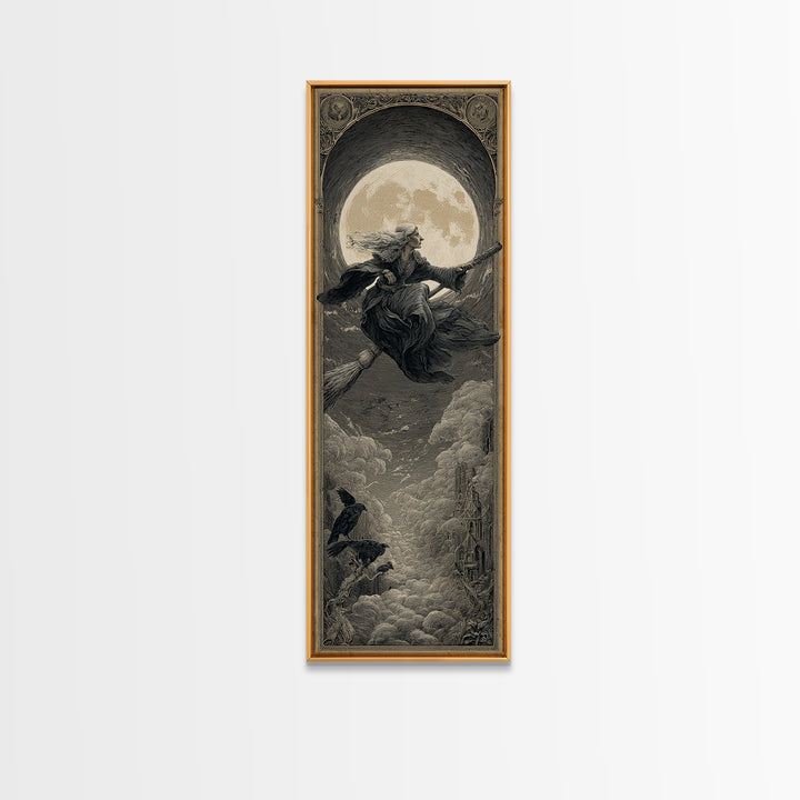 The Moonlit Witch, Gothic Engraving Art, Tall Narrow Wall Art, Dark Halloween Decor, Canvas Print, Halloween Wall Art
