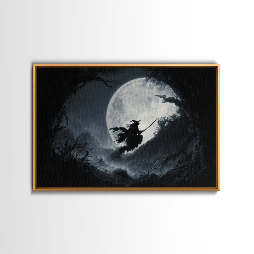 The Moonlit Witch, Baroque Witchcraft Art, Landscape Wall Art, Gothic Horror Wall Art, Framed Canvas Print, Halloween Wall Art