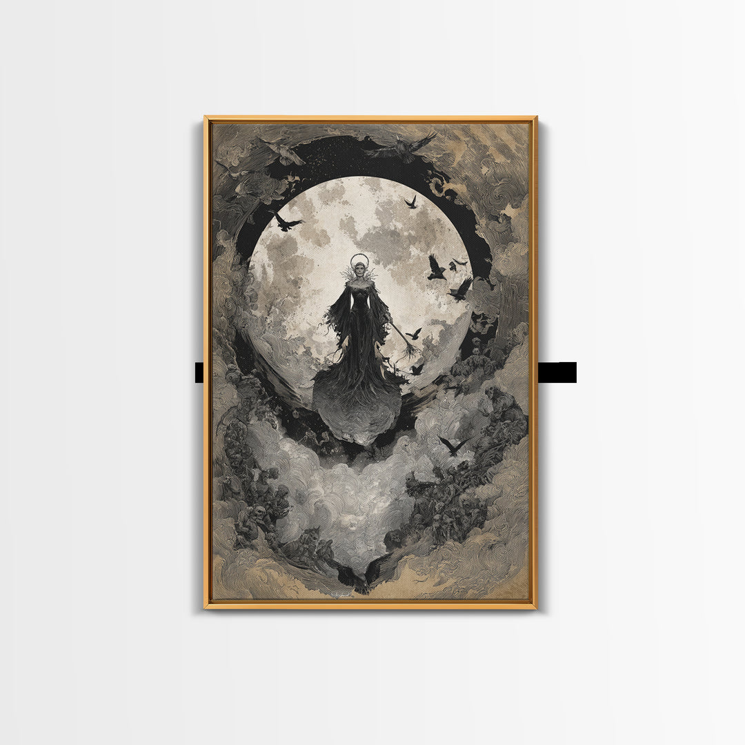 The Moonlit Witch, Decadent Gothic Art, Vertical Wall Art, Gothic Horror Wall Art, Framed Canvas Print, Halloween Wall Art