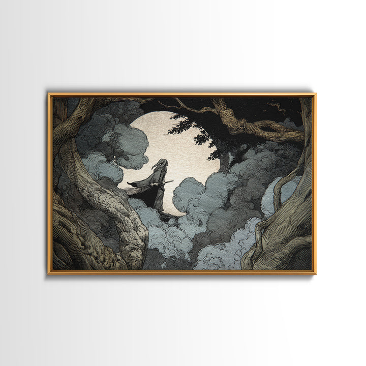 The Moonlit Witch, Gothic Storybook Art, Landscape Wall Art, Dark Halloween Decor, Canvas Print, Halloween Wall Art, Horror Wall Art