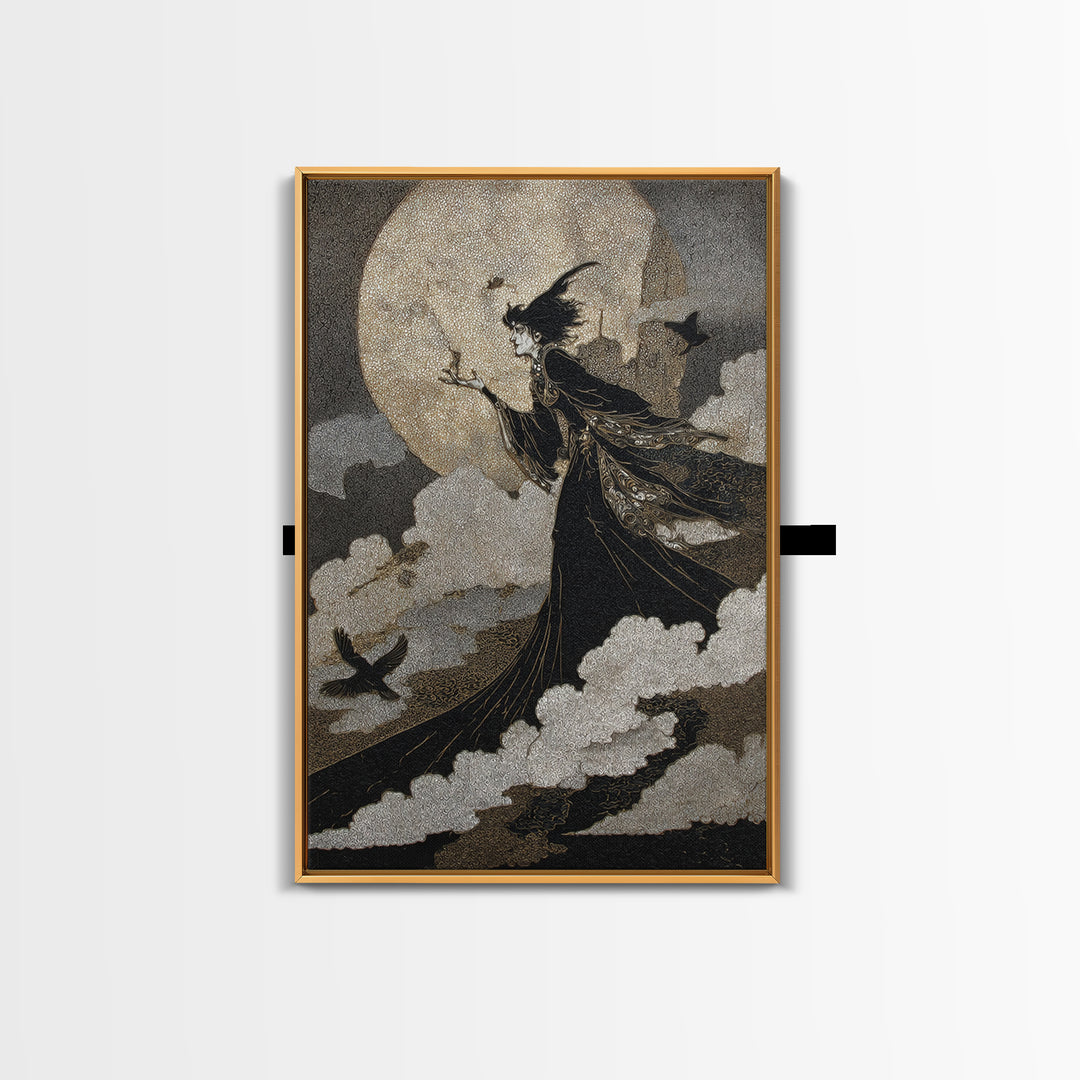 The Moonlit Witch, Stained Glass Gothic Art, Vertical Wall Art, Dark Fantasy Wall Art, Framed Canvas Print, Halloween Wall Art