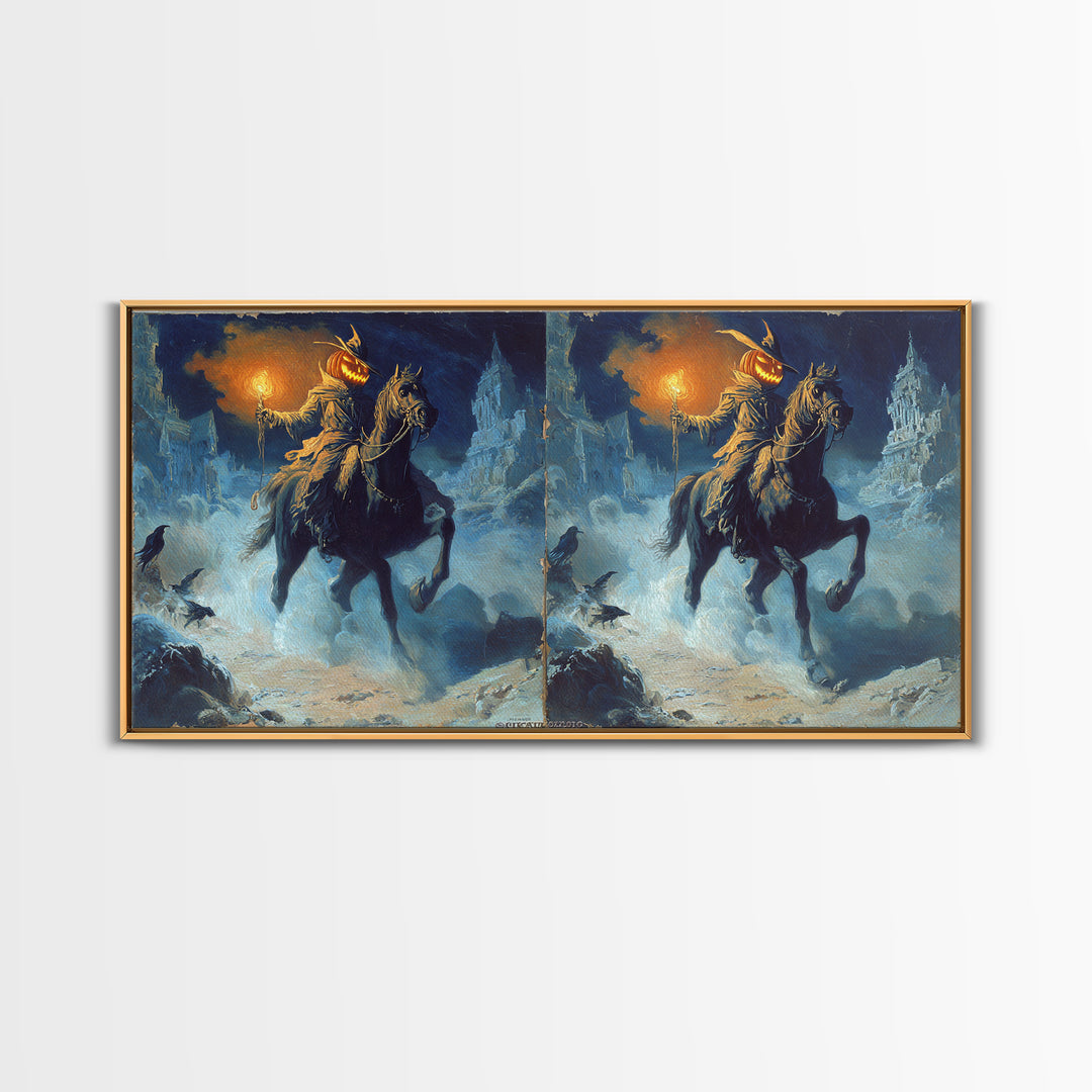 The Headless Horseman, Apocalyptic Romantic Art, Wide Panoramic Art, Gothic Horror Wall Art, Framed Canvas Print, Halloween Wall Art