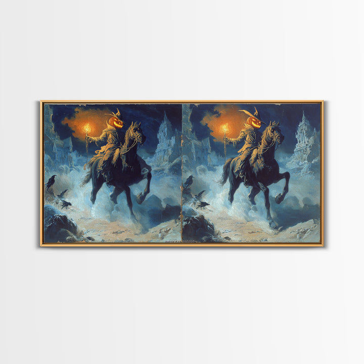 The Headless Horseman, Apocalyptic Romantic Art, Wide Panoramic Art, Gothic Horror Wall Art, Framed Canvas Print, Halloween Wall Art