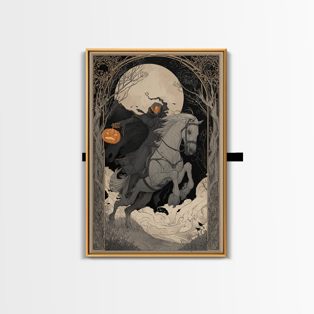 The Headless Horseman, Decadent Line Art, Vertical Wall Art, Gothic Horror Wall Art, Framed Canvas Print, Halloween Wall Art