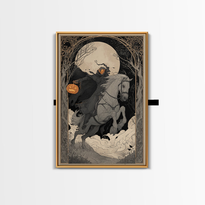 The Headless Horseman, Decadent Line Art, Vertical Wall Art, Gothic Horror Wall Art, Framed Canvas Print, Halloween Wall Art