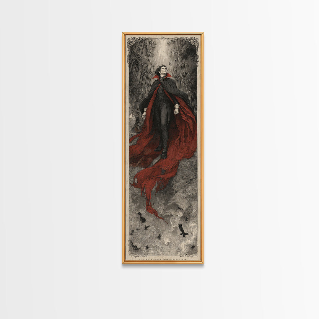 The Crimson Vampire, Gothic Engraving Art, Tall Narrow Wall Art, Dark Halloween Decor, Framed Canvas Print, Halloween Wall Art