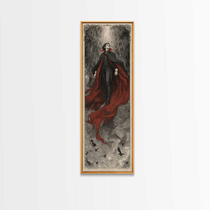 The Crimson Vampire, Gothic Engraving Art, Tall Narrow Wall Art, Dark Halloween Decor, Framed Canvas Print, Halloween Wall Art