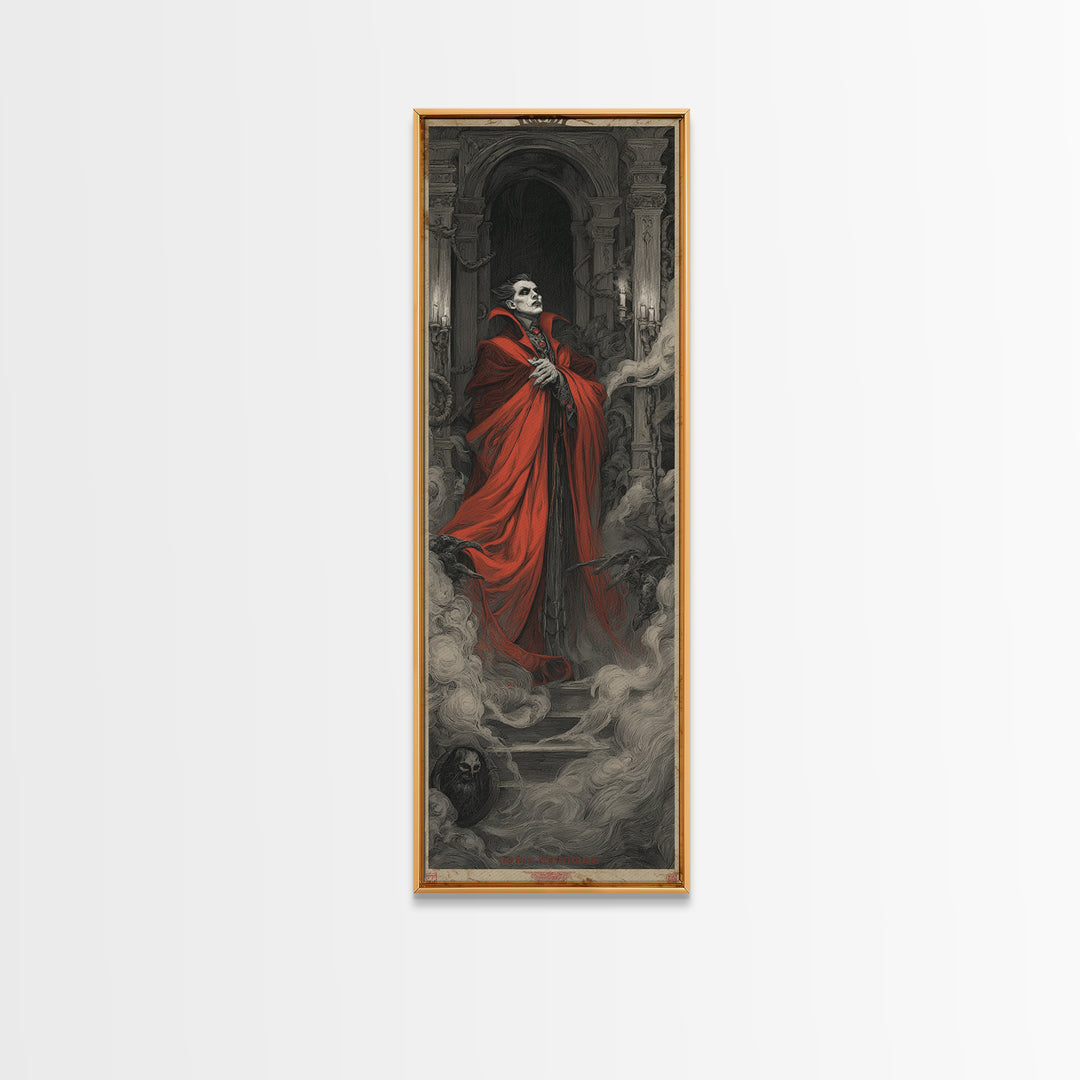 The Crimson Vampire, Architectural Etching Art, Tall Narrow Wall Art, Dark Fantasy Wall Art, Canvas Print, Halloween Wall Art