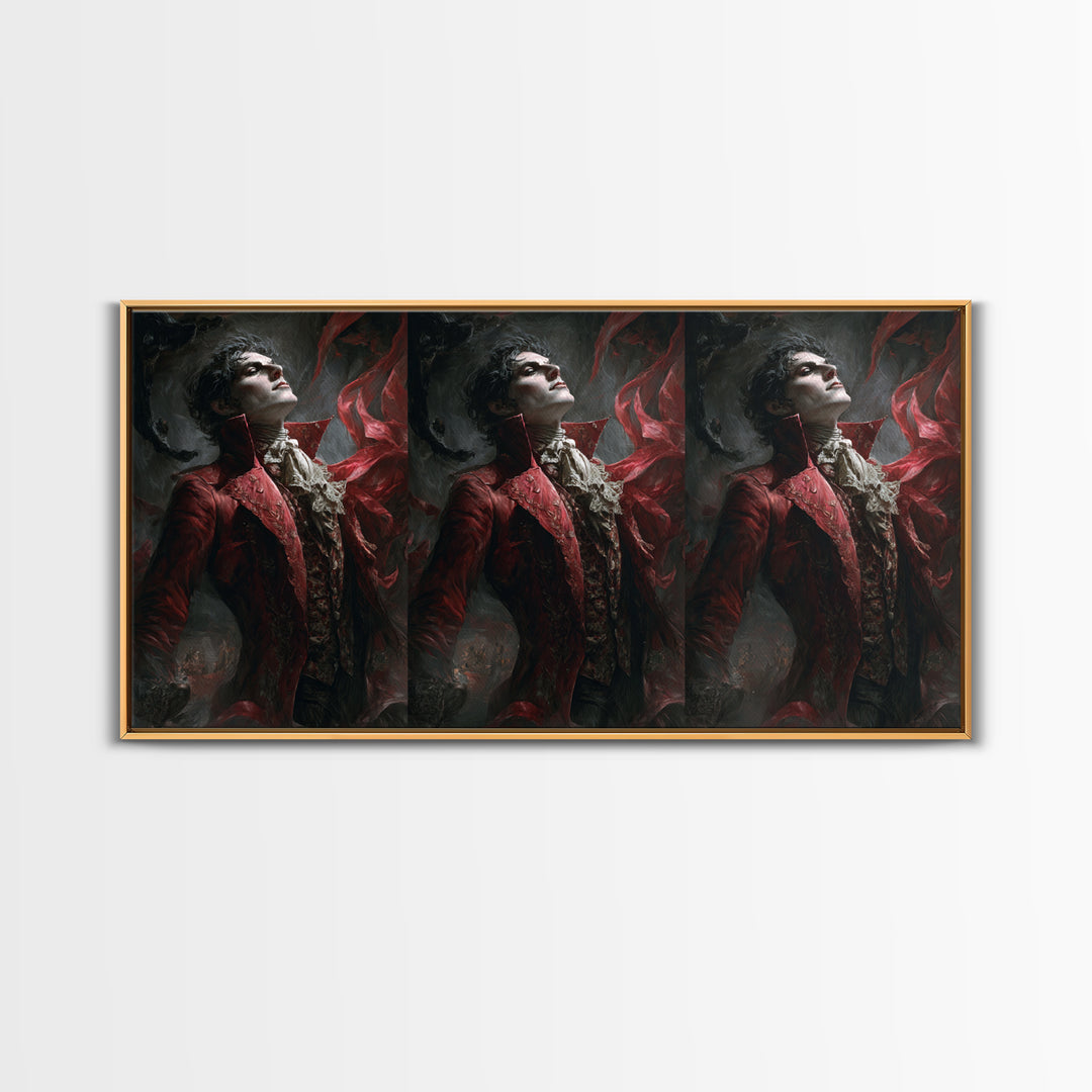 The Crimson Vampire, Apocalyptic Romantic Art, Wide Panoramic Art, Dark Halloween Decor, Framed Canvas Print, Halloween Wall Art
