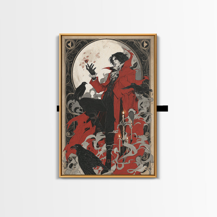The Crimson Vampire, Decadent Line Art, Vertical Wall Art, Dark Fantasy Wall Art, Framed Canvas Print, Halloween Wall Art