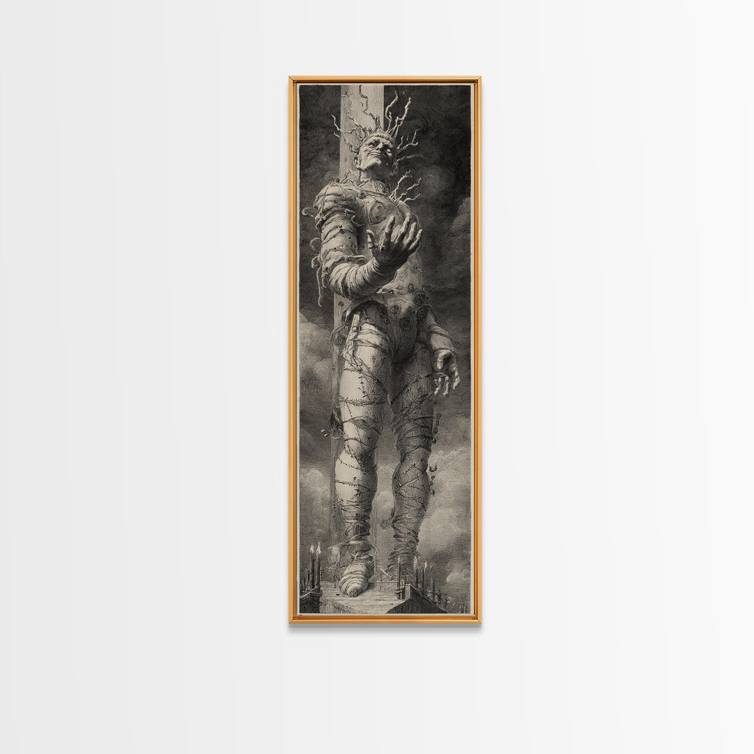 The Stitched Giant, Architectural Etching Art, Tall Narrow Wall Art, Dark Fantasy Wall Art, Framed Canvas Print
