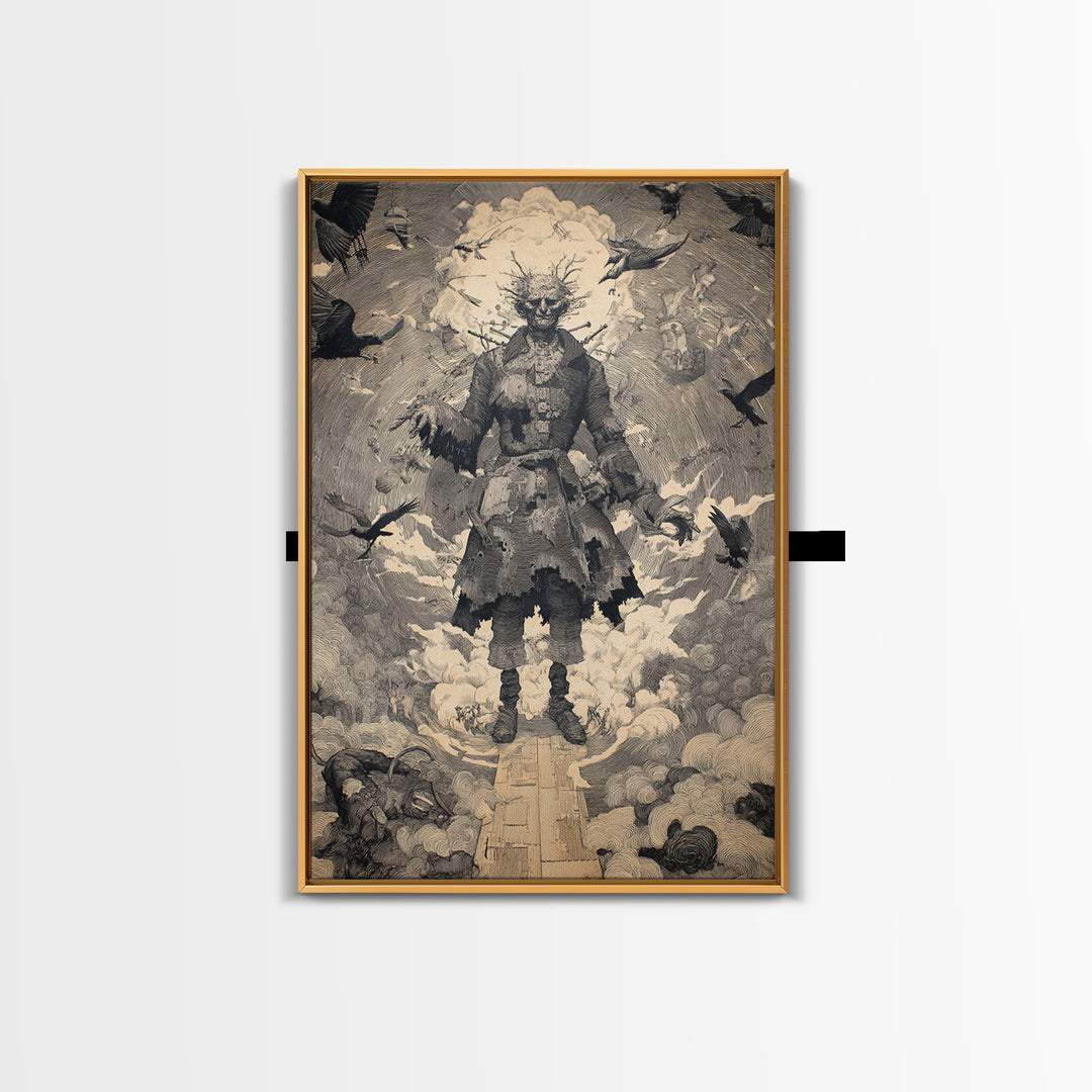 The Stitched Giant, Symbolist Etching Art, Vertical Wall Art, Dark Halloween Decor, Canvas Print, Halloween Wall Art, Dark Fantasy Art