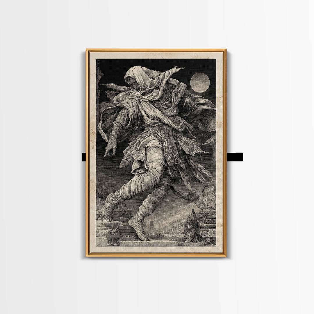 The Mummy Pharaoh, Renaissance Engraving Art, Vertical Wall Art, Dark Fantasy Wall Art, Framed Canvas Print, Halloween Wall Art