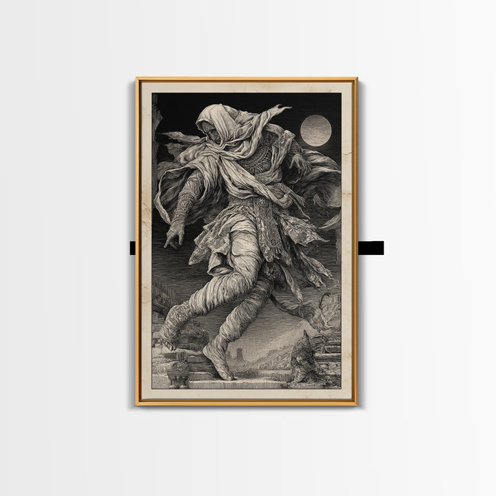 The Mummy Pharaoh, Renaissance Engraving Art, Vertical Wall Art, Dark Fantasy Wall Art, Framed Canvas Print, Halloween Wall Art