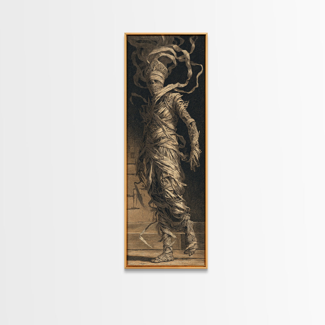The Mummy Pharaoh, Architectural Etching Art, Tall Narrow Wall Art, Gothic Horror Wall Art, Canvas Print, Halloween Wall Art