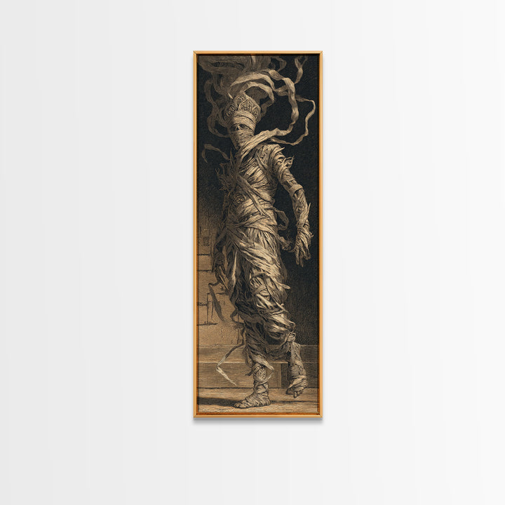 The Mummy Pharaoh, Architectural Etching Art, Tall Narrow Wall Art, Gothic Horror Wall Art, Canvas Print, Halloween Wall Art