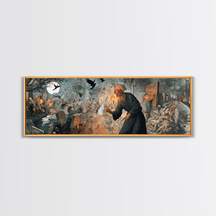 The Graveyard Ghost, Northern Renaissance Horror, Extra Wide Wall Art, Macabre Wall Art, Canvas Print, Halloween Wall Art