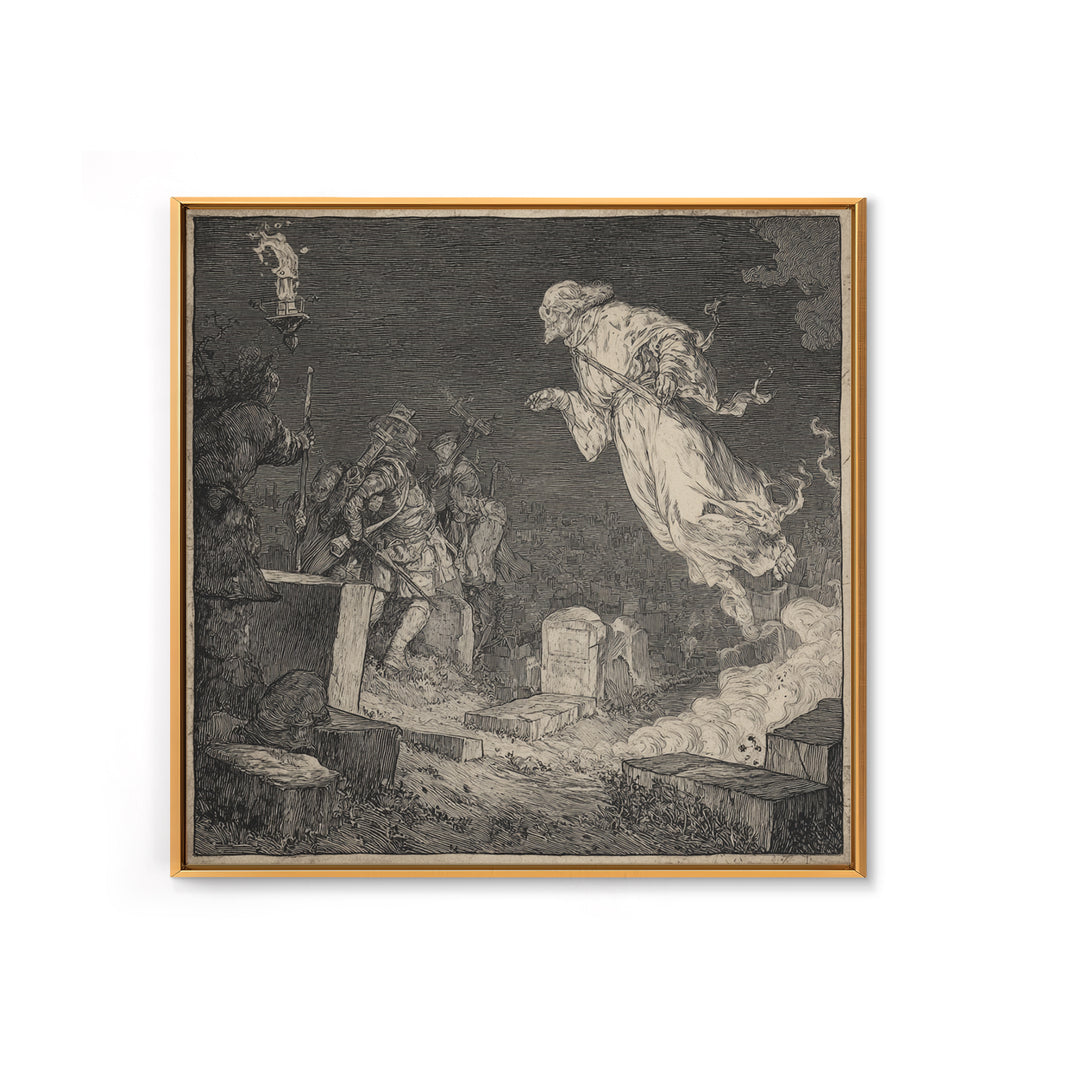 The Graveyard Ghost, Renaissance Engraving Art, Square Wall Art, Gothic Horror Wall Art, Canvas Print, Halloween Wall Art