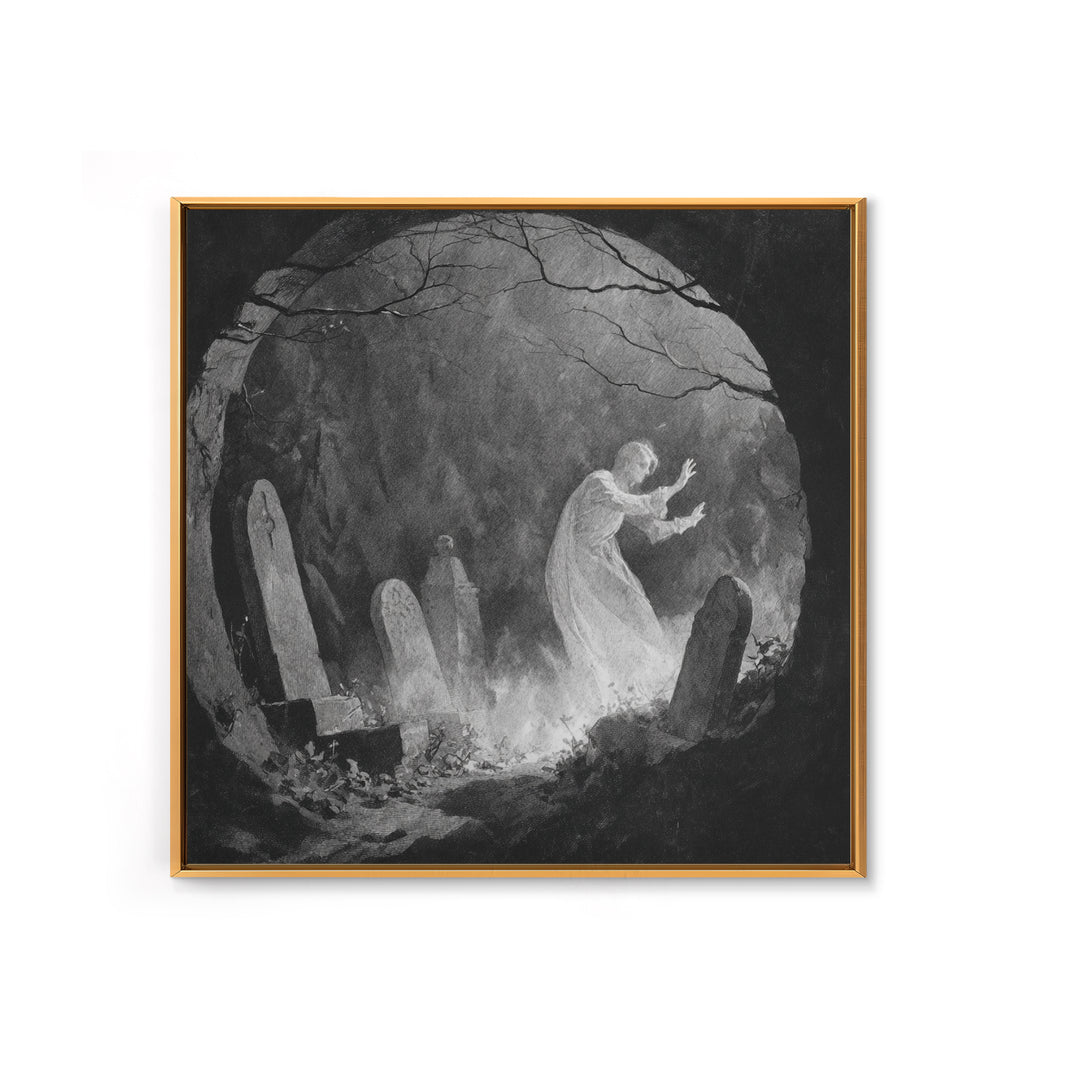 The Graveyard Ghost, Symbolist Dream Art, Square Wall Art, Dark Halloween Decor, Framed Canvas Print, Halloween Wall Art