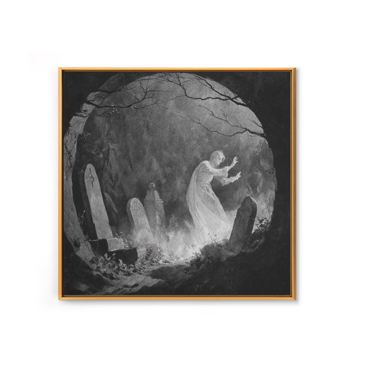 The Graveyard Ghost, Symbolist Dream Art, Square Wall Art, Dark Halloween Decor, Framed Canvas Print, Halloween Wall Art