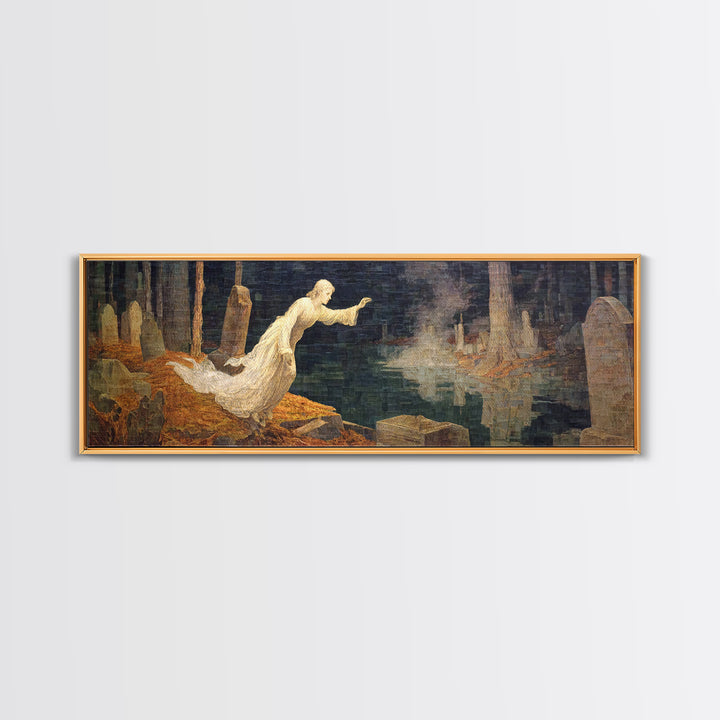 The Graveyard Ghost, Symbolist Gothic Landscape, Extra Wide Wall Art, Dark Fantasy Wall Art, Framed Canvas Print, Halloween Wall Art