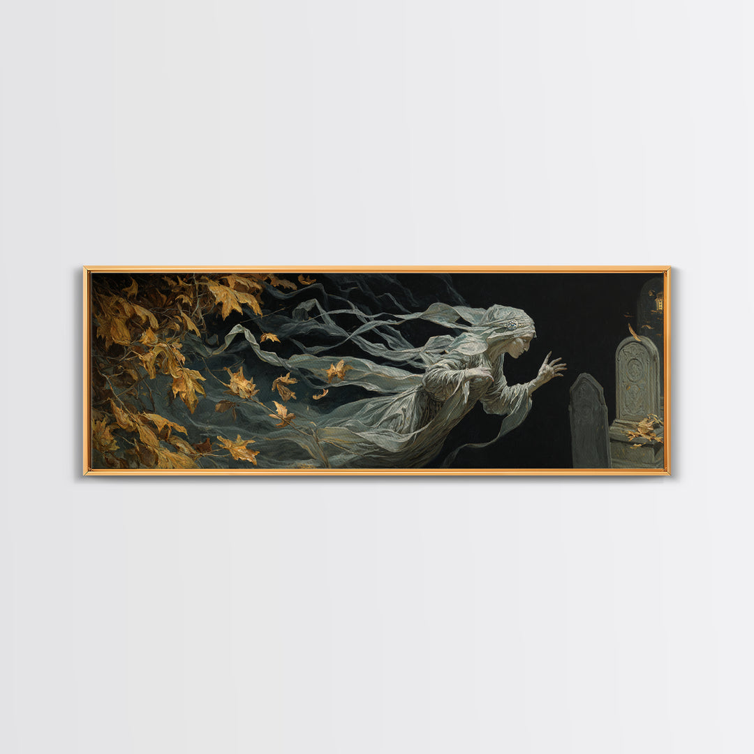 The Graveyard Ghost, Ornate Symbolist Art, Extra Wide Wall Art, Dark Fantasy Wall Art, Framed Canvas Print, Halloween Wall Art