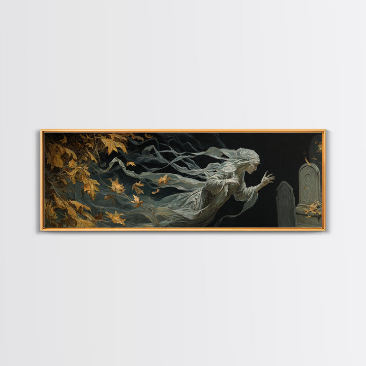 The Graveyard Ghost, Ornate Symbolist Art, Extra Wide Wall Art, Dark Fantasy Wall Art, Framed Canvas Print, Halloween Wall Art