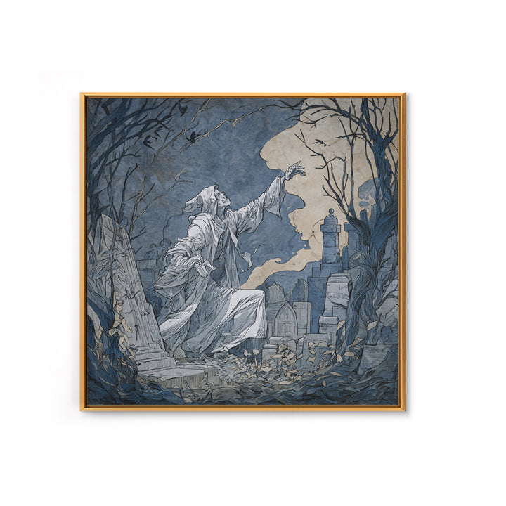 The Graveyard Ghost, Symbolist Etching Art, Square Wall Art, Macabre Wall Art, Framed Canvas Print, Halloween Wall Art, Gothic Home Decor