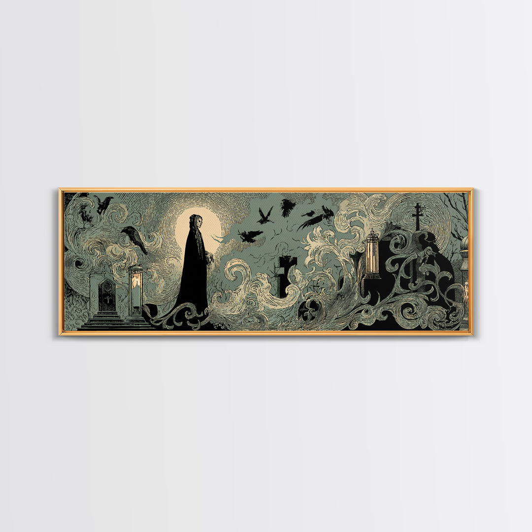 The Graveyard Ghost, Decadent Line Art, Extra Wide Wall Art, Dark Fantasy Wall Art, Framed Canvas Print, Halloween Wall Art