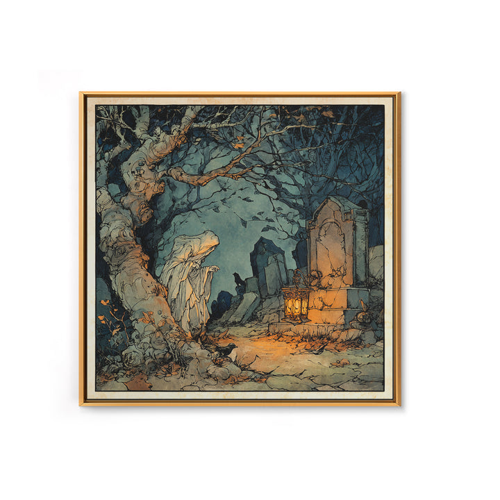 The Graveyard Ghost, Gothic Storybook Art, Square Wall Art, Dark Fantasy Wall Art, Canvas Print, Halloween Wall Art