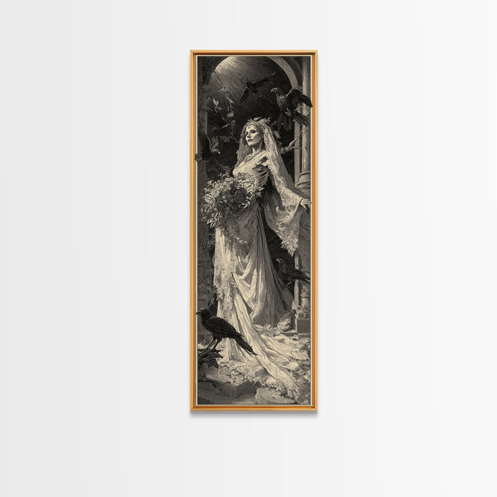 The Skeletal Bride, Gothic Engraving Art, Tall Narrow Wall Art, Gothic Horror Wall Art, Canvas Print, Halloween Wall Art