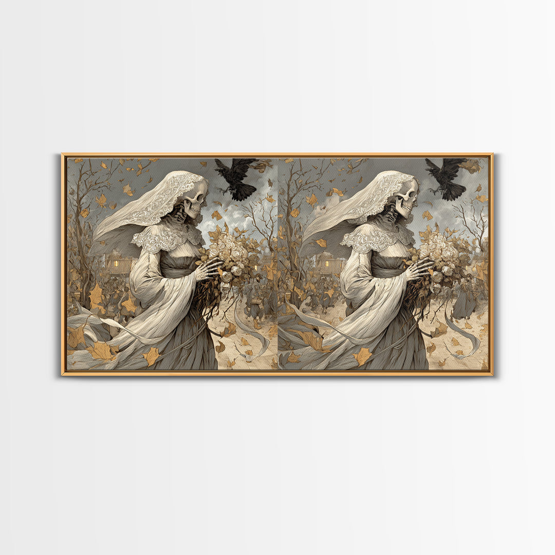 The Skeletal Bride, Northern Renaissance Horror, Wide Panoramic Art, Dark Fantasy Wall Art, Canvas Print, Halloween Wall Art