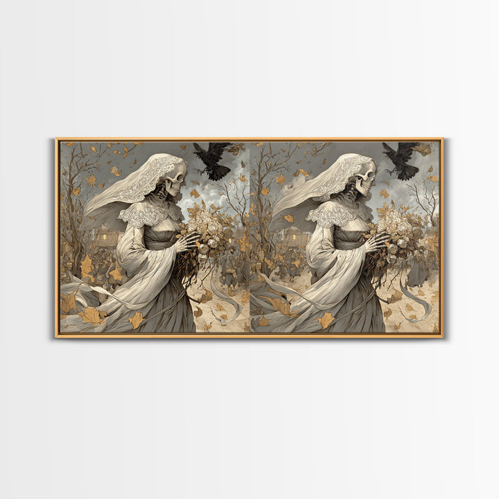 The Skeletal Bride, Northern Renaissance Horror, Wide Panoramic Art, Dark Fantasy Wall Art, Canvas Print, Halloween Wall Art