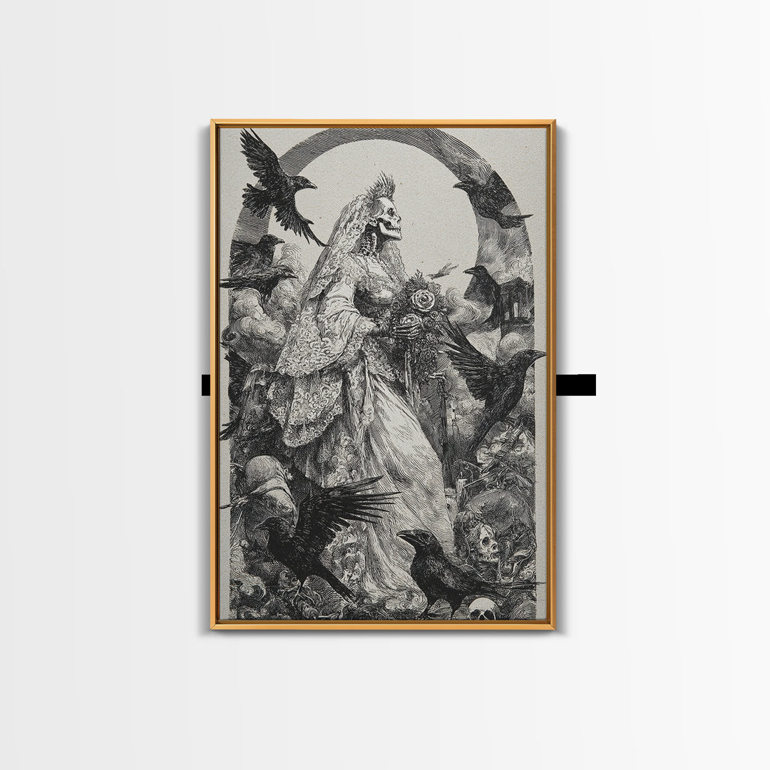 The Skeletal Bride, Renaissance Engraving Art, Vertical Wall Art, Macabre Wall Art, Framed Canvas Print, Halloween Wall Art