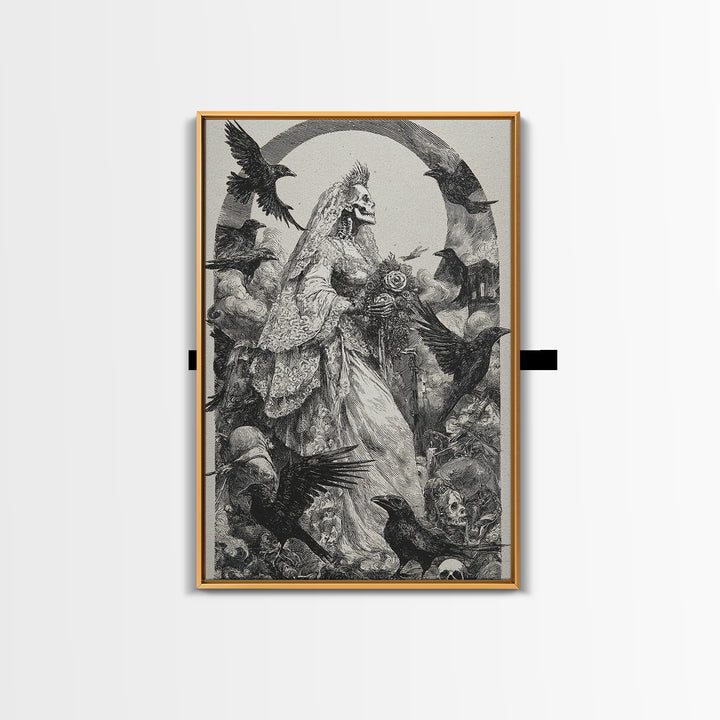 The Skeletal Bride, Renaissance Engraving Art, Vertical Wall Art, Macabre Wall Art, Framed Canvas Print, Halloween Wall Art