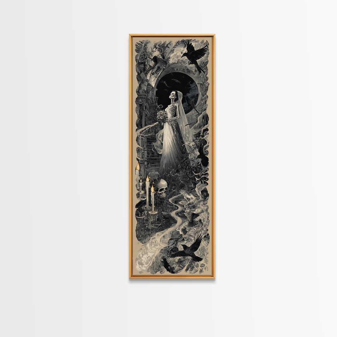 The Skeletal Bride, Architectural Etching Art, Tall Narrow Wall Art, Dark Halloween Decor, Framed Canvas Print