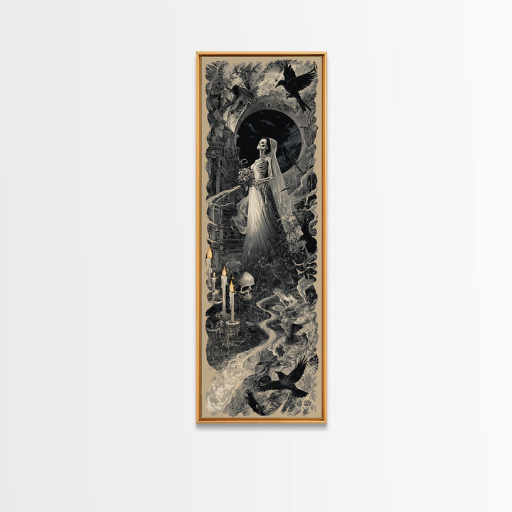 The Skeletal Bride, Architectural Etching Art, Tall Narrow Wall Art, Dark Halloween Decor, Framed Canvas Print