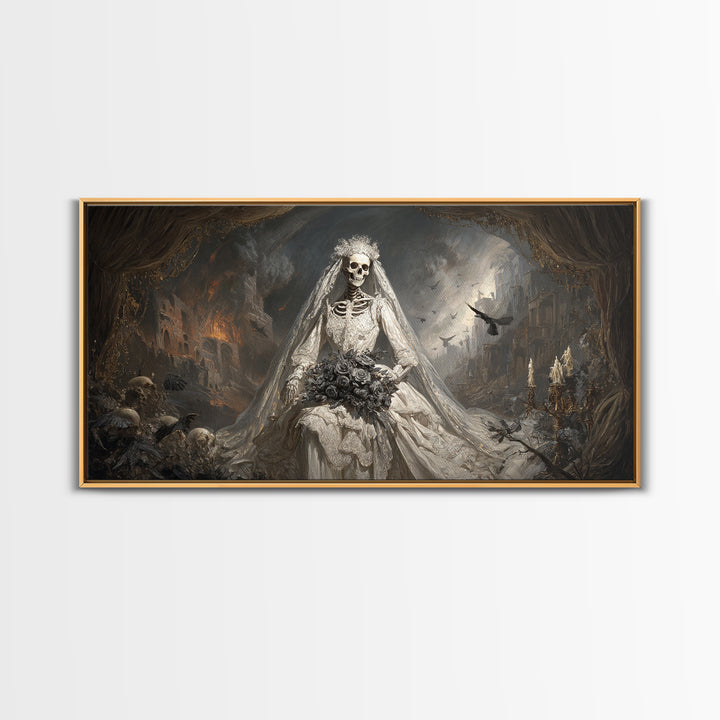 The Skeletal Bride, Apocalyptic Romantic Art, Wide Panoramic Art, Gothic Horror Wall Art, Canvas Print, Halloween Wall Art