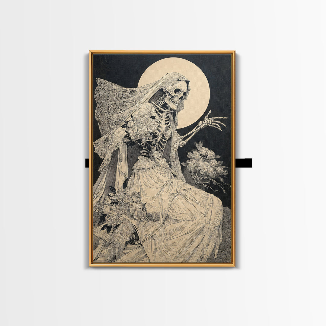 The Skeletal Bride, Symbolist Etching Art, Vertical Wall Art, Macabre Wall Art, Canvas Print, Halloween Wall Art, Statement Wall Art