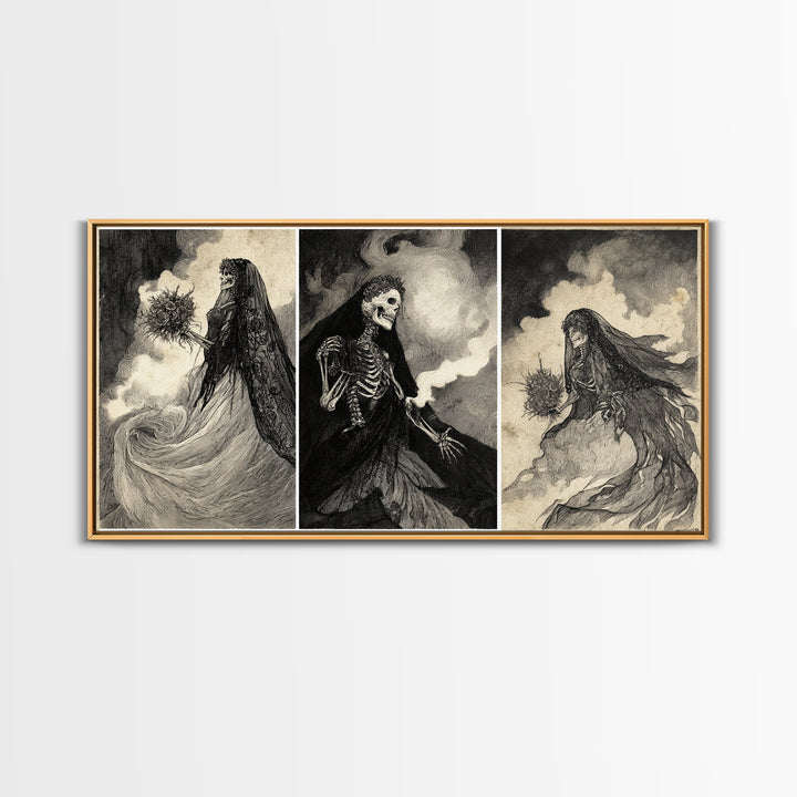 The Skeletal Bride, Expressionist Nightmare Art, Wide Panoramic Art, Dark Fantasy Wall Art, Framed Canvas Print, Halloween Wall Art