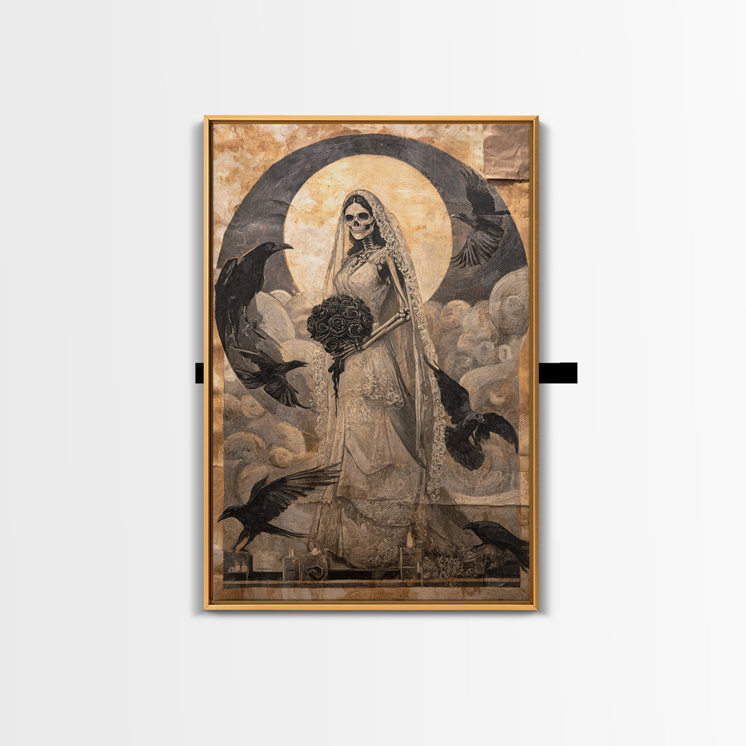 The Skeletal Bride, Expressionist Gothic Art, Vertical Wall Art, Gothic Horror Wall Art, Framed Canvas Print, Halloween Wall Art