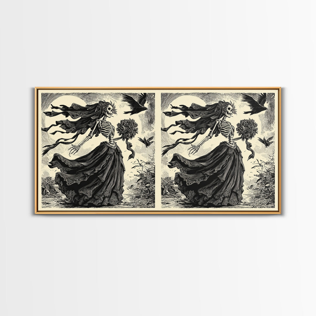 The Skeletal Bride, Macabre Folk Print Art, Wide Panoramic Art, Dark Halloween Decor, Framed Canvas Print, Halloween Wall Art