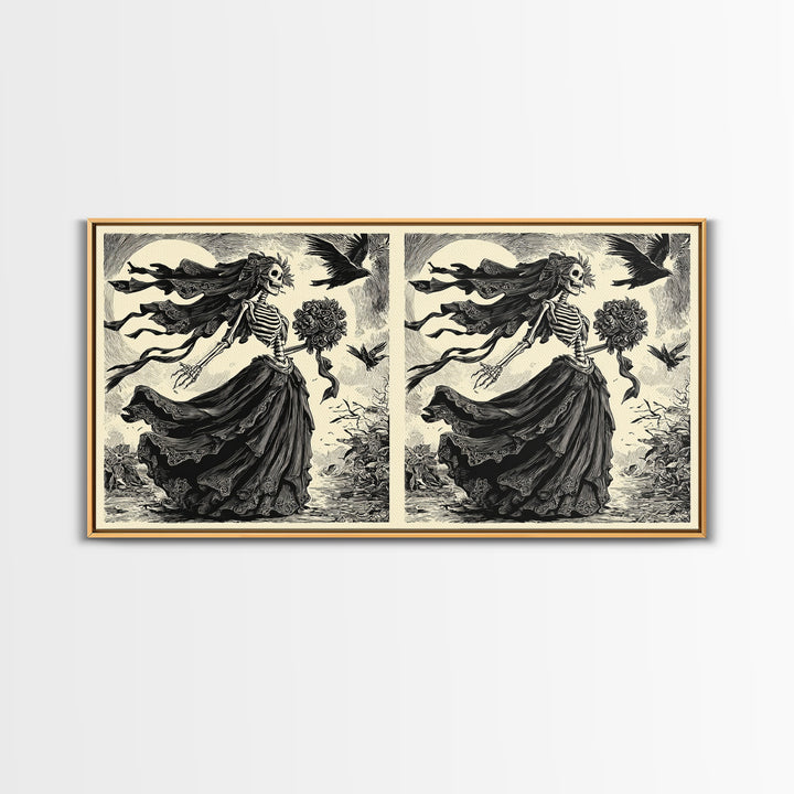 The Skeletal Bride, Macabre Folk Print Art, Wide Panoramic Art, Dark Halloween Decor, Framed Canvas Print, Halloween Wall Art