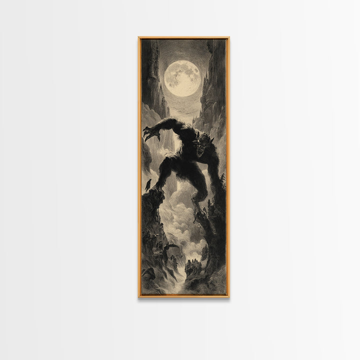The Moon-Cursed Werewolf, Gothic Engraving Art, Tall Narrow Wall Art, Macabre Wall Art, Framed Canvas Print, Halloween Wall Art