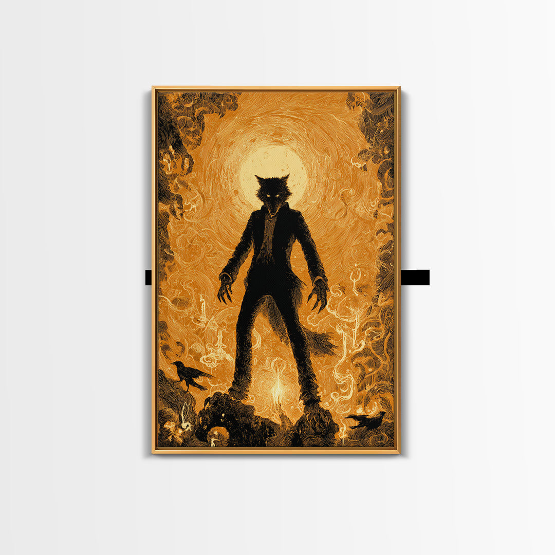 The Moon-Cursed Werewolf, Visionary Gothic Art, Vertical Wall Art, Dark Halloween Decor, Framed Canvas Print, Halloween Wall Art