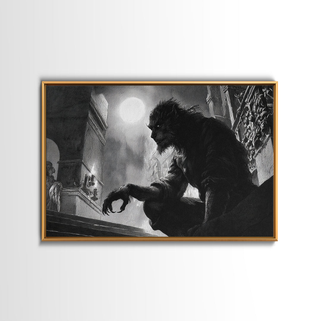 The Moon-Cursed Werewolf, Architectural Etching Art, Landscape Wall Art, Gothic Horror Wall Art, Framed Canvas Print