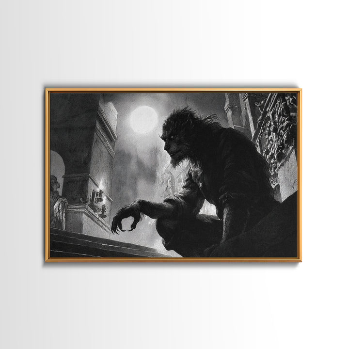 The Moon-Cursed Werewolf, Architectural Etching Art, Landscape Wall Art, Gothic Horror Wall Art, Framed Canvas Print