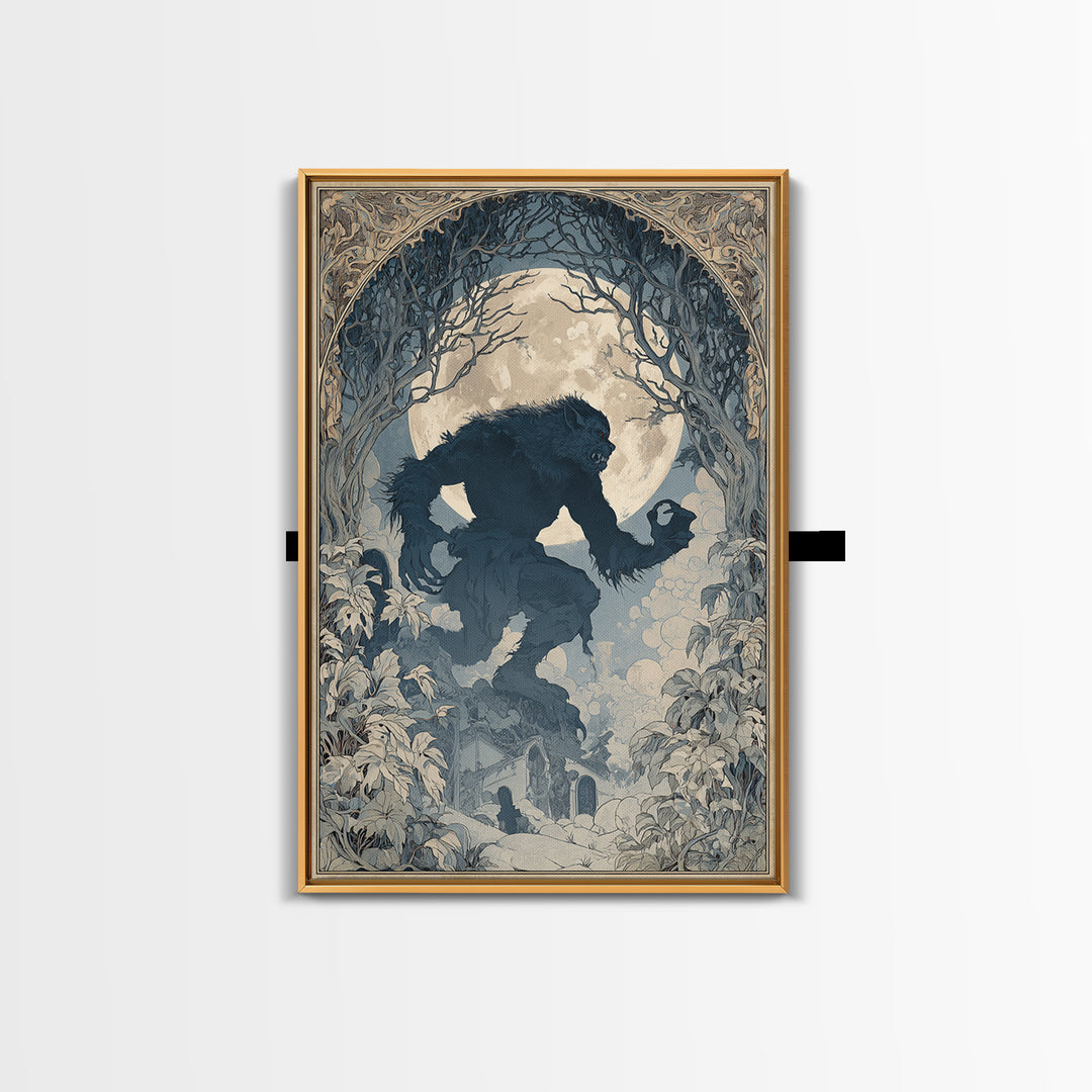The Moon-Cursed Werewolf, Symbolist Death Art, Vertical Wall Art, Macabre Wall Art, Framed Canvas Print, Halloween Wall Art